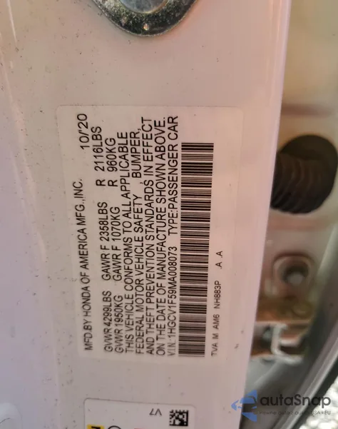 2021 Honda Accord Exl из США, поврежденный, VIN 1HGCV1F59MA008073